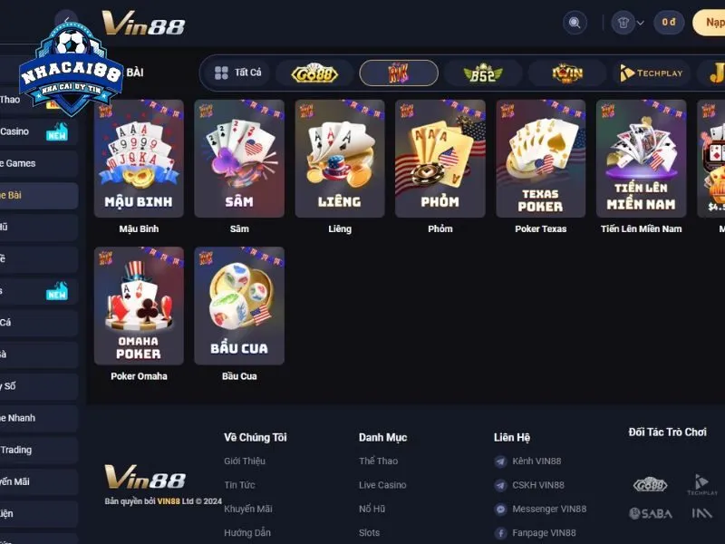 Đa dạng game bài đổi thưởng hay trên Vin88